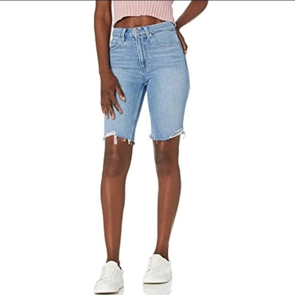 PAIGE High Rise Raw Hem Denim Shorts Medium Wash Distressed Frayed Jorts 31 - Picture 2 of 13